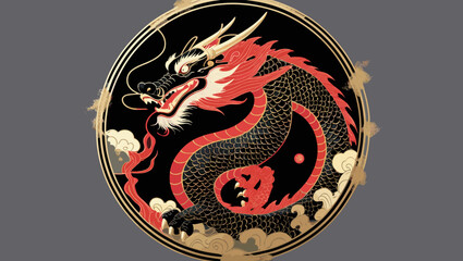 Traditional Dragon Illustration in Circular Design with Vivid Colors 