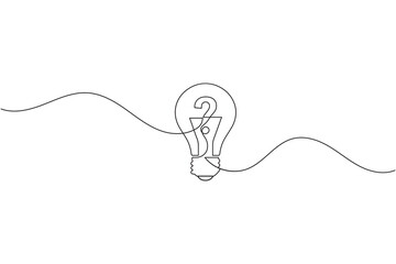 Continuous line art drawing of a lightbulb with a question mark