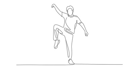 Continuous line art drawing of a man balancing on one leg, striking a dynamic pose, symbolizing fitness, agility, balance, and simple artistic flow. Vector, illustration