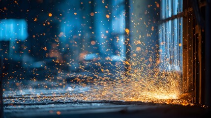 Industrial metalworking process with a shower of hot bright sparks in a factory.