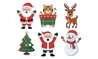 Festive Christmas icons, holiday mood collection, Santa Claus, snowman, advent wreath, gingerbread man, Christmas gift, holiday tree, 
vector illustration