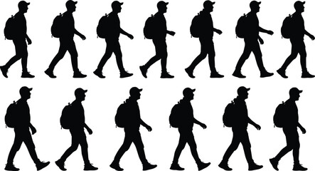 Walking silhouette sequence, gait cycle icon, backpack figure, motion study, black graphic, stride posture, animation frame, human movement