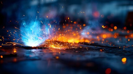 Industrial welding process creating a shower of vibrant blue and orange sparks.