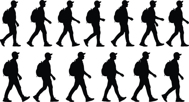 Walking silhouette sequence, gait cycle icon, backpack figure, motion study, black graphic, stride posture, animation frame, human movement