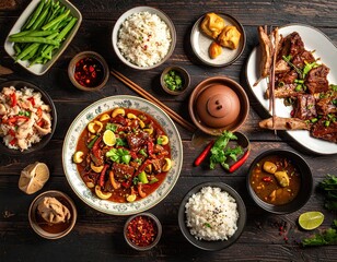 Overhead View of Asian Cuisine Dishes on Dark Wooden Table