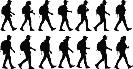 Walking silhouette set, backpack cap figure, stride motion icon, black graphic, gait cycle, human movement, animation frame, posture study
