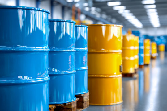 Rows of shiny blue and yellow industrial metal barrels lined up on wooden pallets inside a brightly lit factory or warehouse with a reflective floor and ceiling ligh
