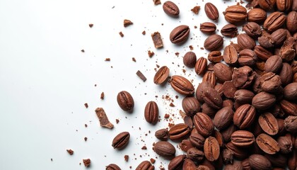 Obraz premium Assorted cacao beans, raw cocoa nibs, dark chocolate pieces scatter on pristine white background. Brown healthy superfood seeds, broken chips ready for use in baking, making delicious hot beverage,