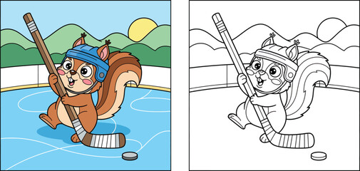 Coloring book page for kids with cute cartoon squirrel playing ice hockey. Vector illustration of winter sport animal with color sample and outline.
