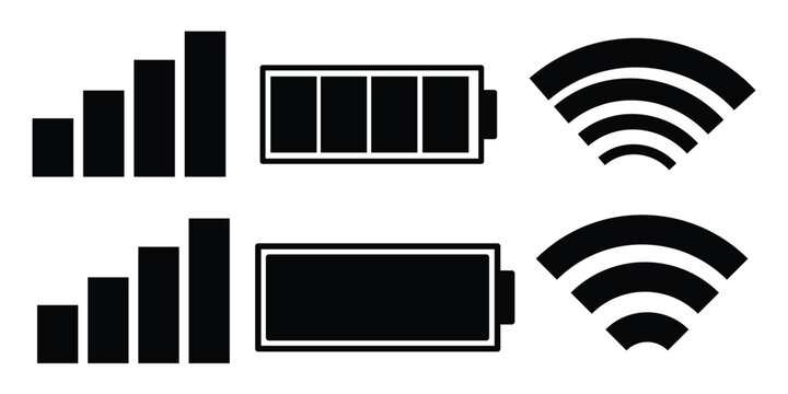 Mobile interface top bar icon set. iPhone ios notification bar includes: battery, wifi, signal icons