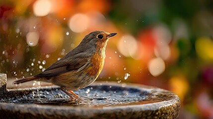 European robin perched on edge of birdbath with water droplets splashing around it against colorful bokeh background in garden setting.