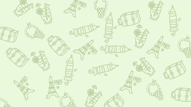 Pattern featuring eiffel towers, suitcases, umbrellas, and drinks. Perfect for travel related designs, textiles, and home decoration products.
