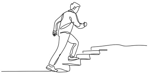 Continuous one line drawing of a young businessman walking up a corporate staircase to achieve career growth and success. minimalist outline art concept. Vector, illustration
