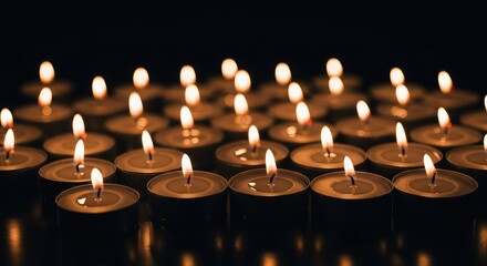 Array of glowing tealight candles arranged closely on a surface, providing an intimate, warm, and comforting illumination in low light ,relaxation ,night ,cozy