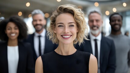 Confident blonde businesswoman smiling with diverse professional team in background, representing leadership and workplace diversity in corporate setting.