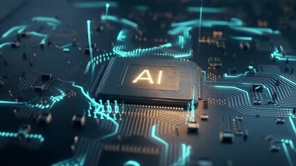 Close-up of AI chip on a circuit board with glowing blue digital connections and data - Powered by Adobe
