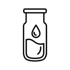 Simple black and white line icon of a laboratory test tube containing liquid and a single drop, isolated on
