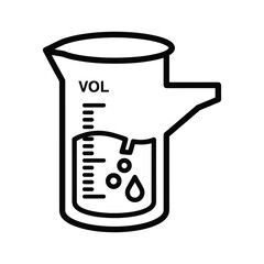 Black and white icon of a laboratory beaker with a spout, containing liquid and dripping drops, isolated on