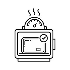 Black and white line icon of a toaster oven with a temperature gauge and a checkmark on the door, isolated on