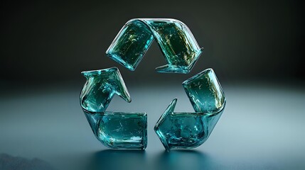 Translucent blue glass recycling symbol on dark background, representing environmental sustainability and waste management concepts.