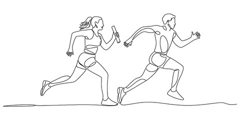 Continuous line drawing of two athletes passing a relay baton during a track and field race, symbolizing teamwork and speed on a white background Vector, illustration