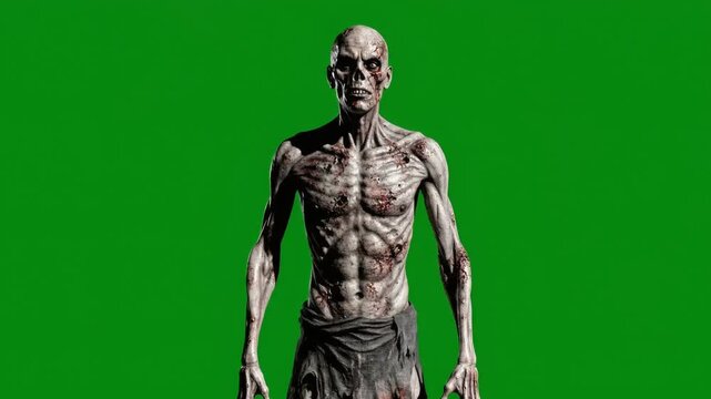 A futuristic bio-engineered zombie prototype standing against a solid green screen. Glowing veins, soft pulsing lights, slow robotic motion. No gore. Made for clean sci-fi VFX overlays.