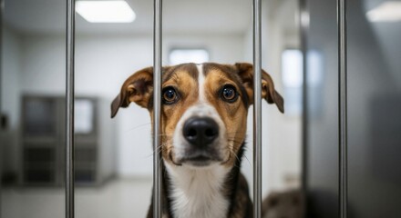 Sad dog looking through the bars of a kennel at an animal shelter. Lonely mixed-breed puppy waiting for adoption and rescue