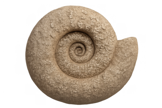 Ammonite fossil displaying ancient marine life and prehistoric geology, a spiral shell from an extinct creature on transparent background