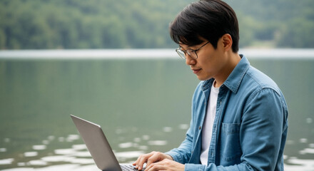 Asian man working on a laptop by a lake. Young digital nomad freelancing outdoors in nature. Remote work and work-life balance concept