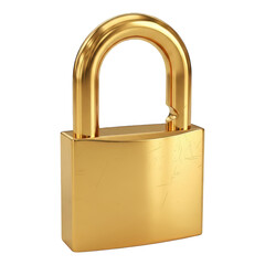 Fototapeta premium Shiny metallic golden padlock isolated on a dark background appears slightly scratched