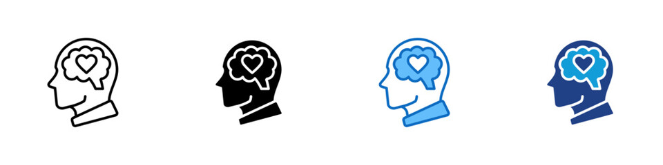 Emotional Intelligence Multiple Style Icon Design Vector - human head profile with a heart inside a brain shape, expressing empathy, awareness, and thoughtful emotional understanding