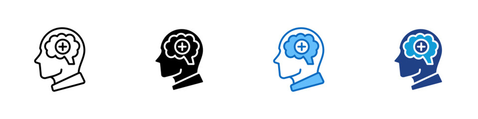 Self Improvement Multiple Style Icon Design Vector - head profile with a brain shape containing a plus sign, implying growth, personal development, and continuous self improvement