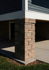 Obraz premium Close-up view of a robust, square masonry porch pier supporting a residential structure. Essential architectural foundation element ,ground ,maintenance ,historic