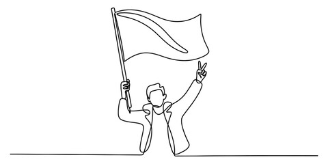 Continuous line art of a person holding a waving flag and making a peace sign, symbolizing victory, freedom, protest, and unity concept. Vector, illustration