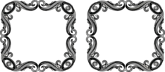 Two ornate black frames with scrollwork details on a white background