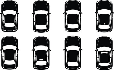 Aerial view of eight modern cars arranged in a grid pattern