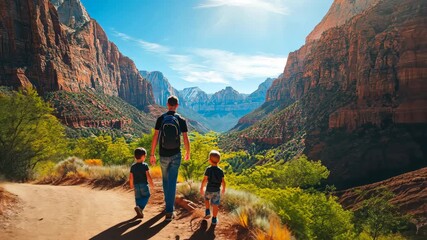 Father and sons Hiking on trail in Zion National Park during daytime. Beautiful sunny landscape in Utah, Usa, family time during travel and adventure