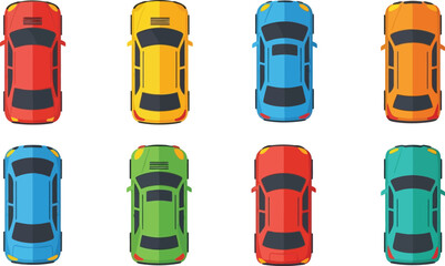 Colorful cartoon cars in a top down view arranged in a grid pattern © Mstsalma