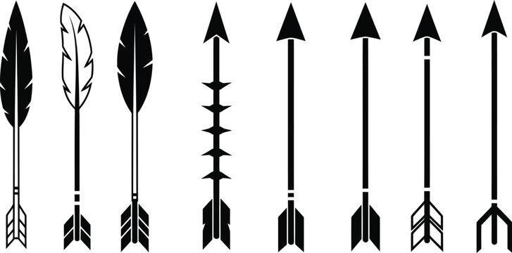 A collection of black arrows and feathers showcasing various design elements