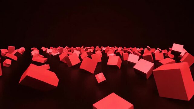 Red cubes scattered on a dark surface, creating a geometric and modern abstract composition with depth and contrast
