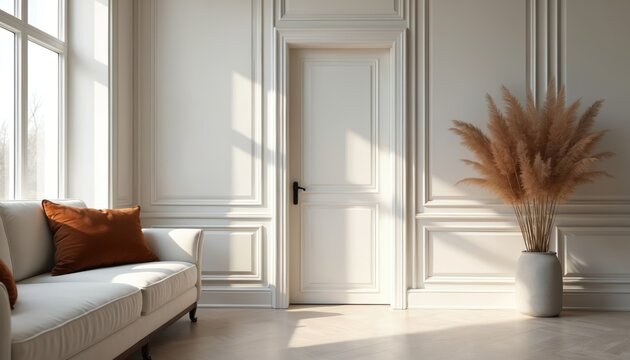 Bright interior with sofa near door. Cozy room features minimalistic design. Vase with dry plant decoration stands near moulding wall. Sunlight illuminates space creating serene mood in house.