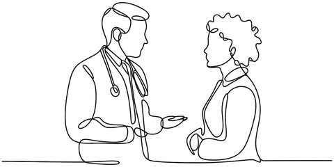 Continuous line art drawing of a doctor with stethoscope consulting a patient, illustrating healthcare communication, medical advice, and care. Vector, illustration