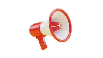 Red and white megaphone for broadcasting important announcements and amplifying public communication, isolated 3D render
