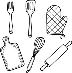 Kitchen utensils collection. Kitchen tools, Line art. Fork, knife, pot, holder, whisk, spoon, rolling pin and cutting board. Hand drawn vector illustration.