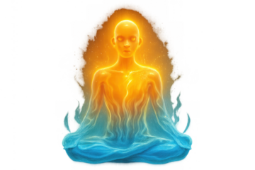 Person meditating emitting vibrant energy and spiritual aura, finding balance, enlightenment, and healing on transparent background