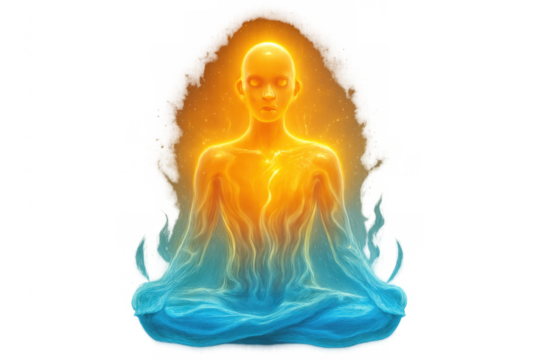 Person meditating emitting vibrant energy and spiritual aura, finding balance, enlightenment, and healing on transparent background