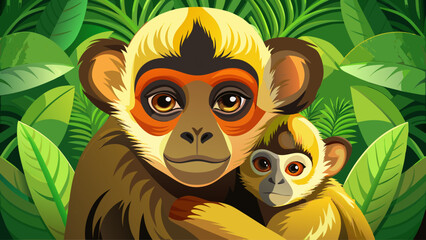 Obraz premium A tender close-up portrait of a Yellow-Cheeked Gibbon mother gently holding her baby in a lush green forest, captured in a soft, photorealistic wildlife style