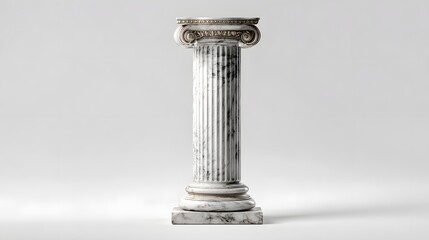 Isolated ancient weathered marble ionic column on a white background.