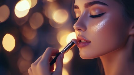 Fototapeta premium Woman Applying Shimmering Bronzer with Brush for a Radiant Glow Perfect for Holiday Celebrations