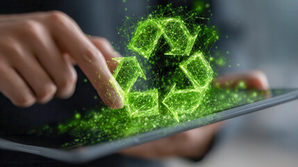 Person interacting with digital tablet displaying glowing green recycling symbol representing sustainable technology and eco-friendly innovation concepts